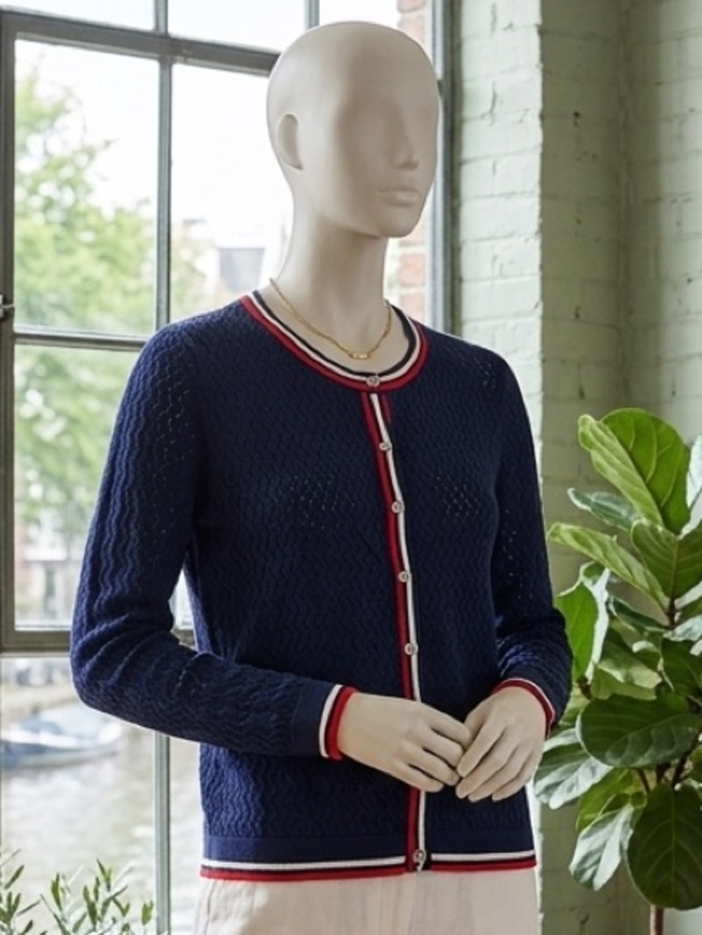 Lands' End Navy Knit Lace Cardigan Varsity Stripe Medium